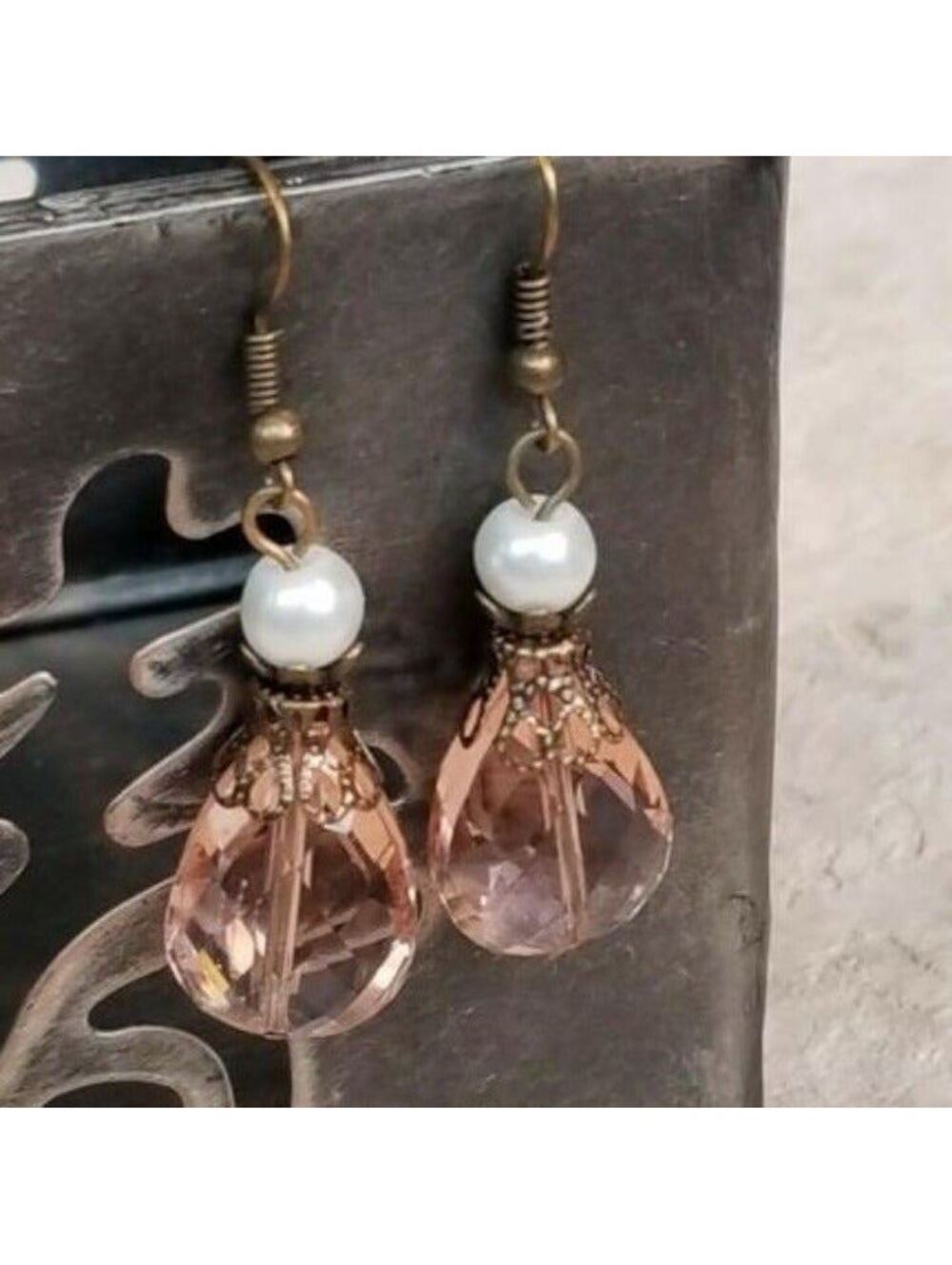 Glass Teardrop Dangle Earrings Pink